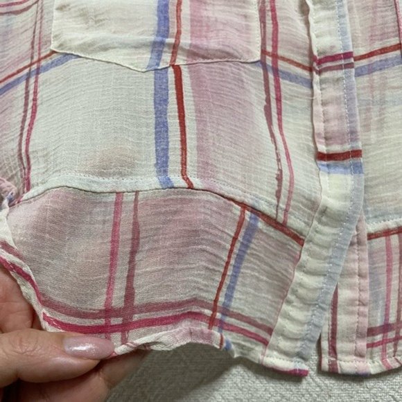Anthropologie‎ Western Cream Pink Plaid Oversized Crop Button Down Shirt Top XS - Picture 3 of 5